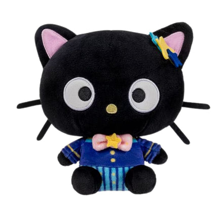 Sanrio Dreamy Starlight 8-inch Chococat stuffed animal plush with yellow nose in navy pajama suit front view.