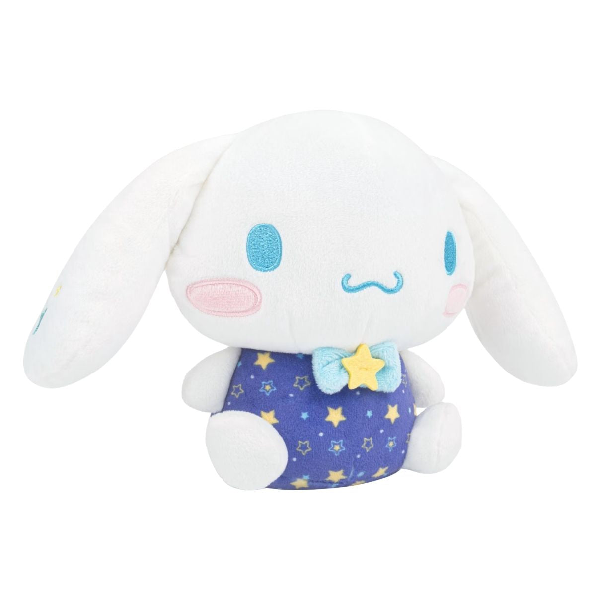 Three-quarter sitting view of Dreamy Starlight Cinnamoroll plush showing floppy white ears and star bow tie.