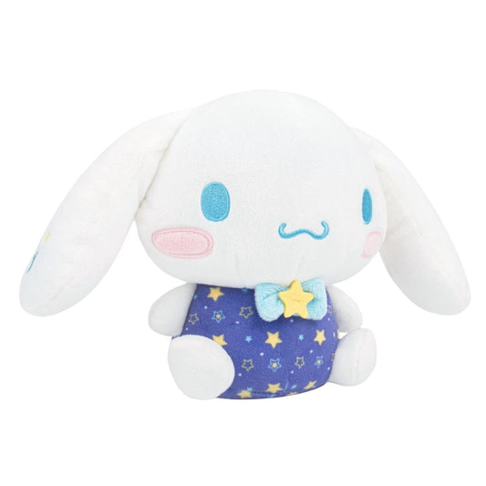 Three-quarter sitting view of Dreamy Starlight Cinnamoroll plush showing floppy white ears and star bow tie.