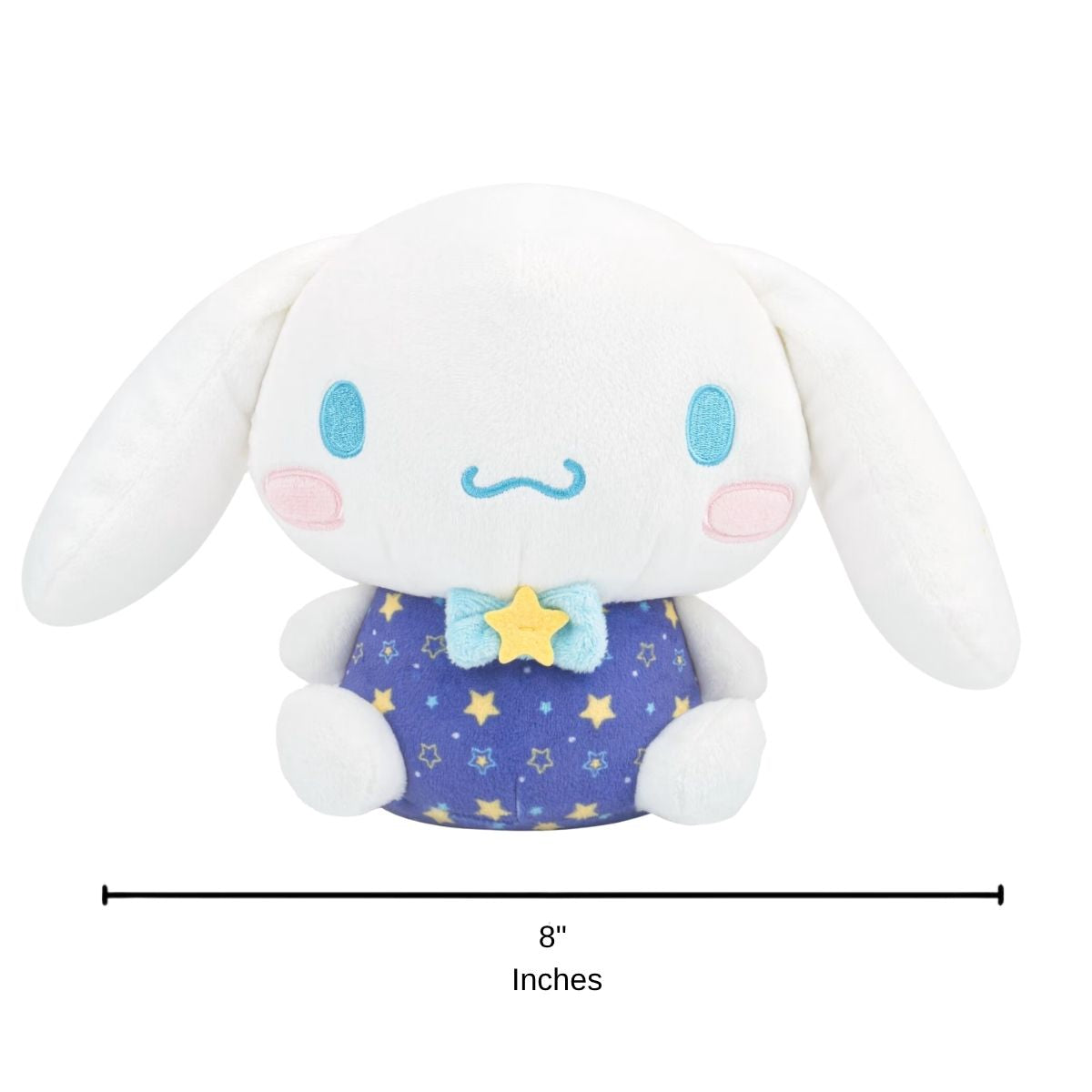 Sanrio Dreamy Starlight Cinnamoroll stuffed animal plush with 8-inch height scale measurement graphic.   