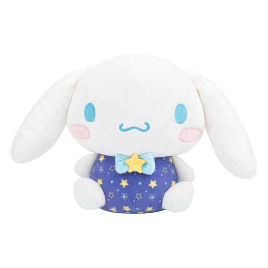 Sanrio Dreamy Starlight 8-inch Cinnamoroll stuffed animal plush in starry blue overalls front view.