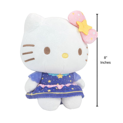Sanrio Dreamy Starlight Hello Kitty stuffed animal plush with 8-inch height scale measurement graphic.