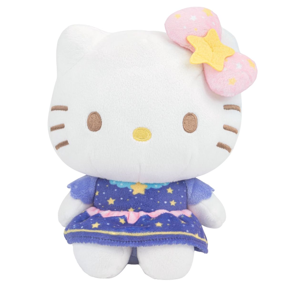 Sanrio Dreamy Starlight 8-inch Hello Kitty stuffed animal plush in starry blue dress front view.