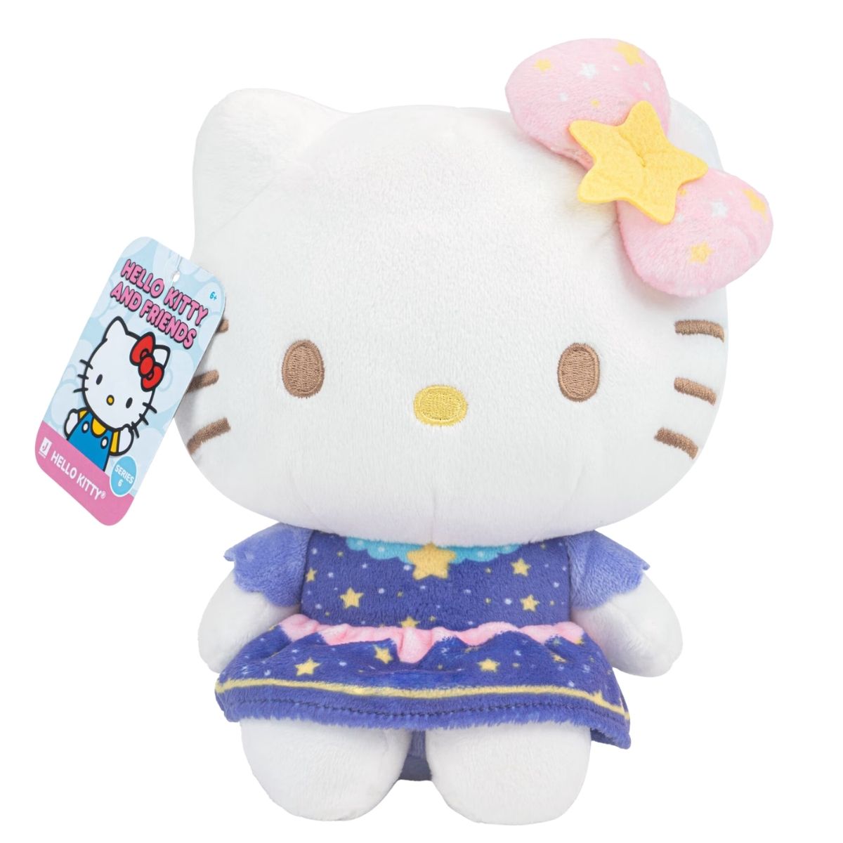 Dreamy Starlight Hello Kitty 8-inch plush showing attached official Sanrio Hello Kitty and Friends product tag.
