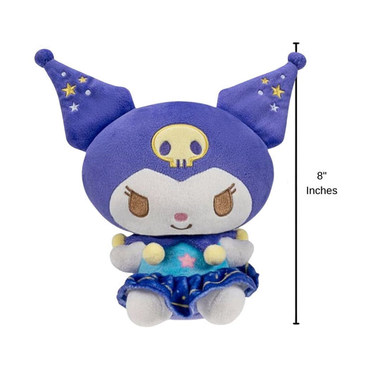 Sanrio Dreamy Starlight Kuromi stuffed animal plush with 8-inch height scale measurement graphic.