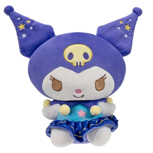 Sanrio Dreamy Starlight 8-inch Kuromi stuffed animal plush in purple star jester hood and starry dress front view.