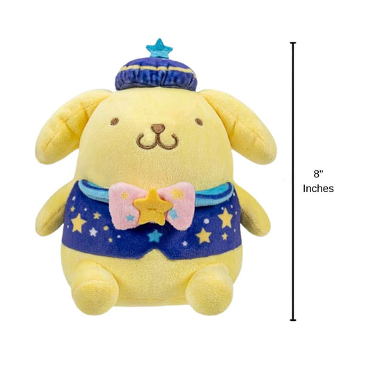 Sanrio Dreamy Starlight Pompompurin stuffed animal plush with 8-inch height scale measurement graphic.