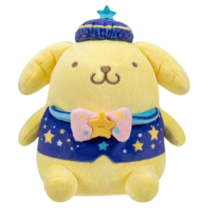 Sanrio Dreamy Starlight 8-inch Pompompurin stuffed animal plush in starry blue vest and night beret front view.