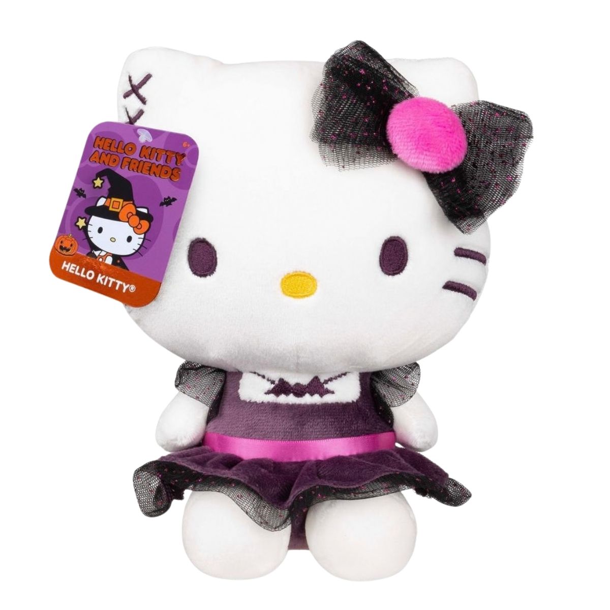 Sanrio Hello Kitty 8-inch bat dress plush with official Halloween hang tag attached.