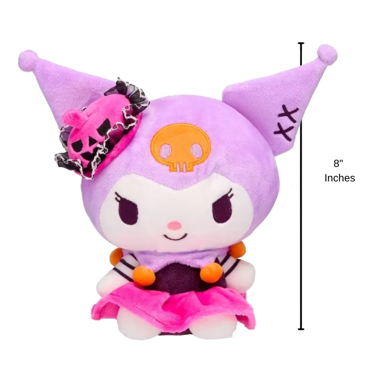 Front view thumbnail of Kuromi 8-inch pumpkin dress plush with 8-inch height scale indicator.