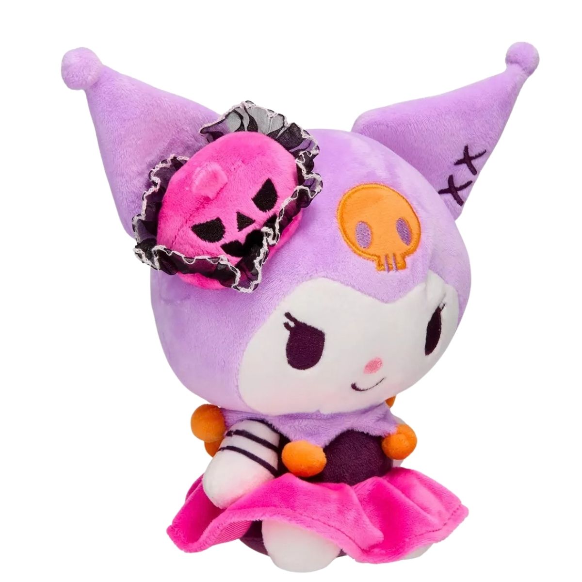 Side profile view thumbnail of Kuromi 8-inch plush in pumpkin dress with lace hat.