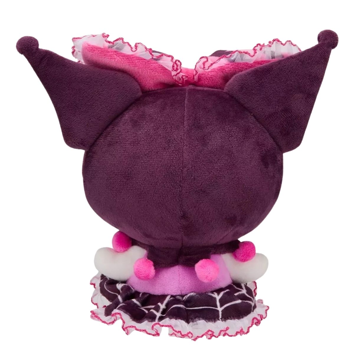 Back view thumbnail of Kuromi 8-inch plush showing purple jester hat and ruffled dress.