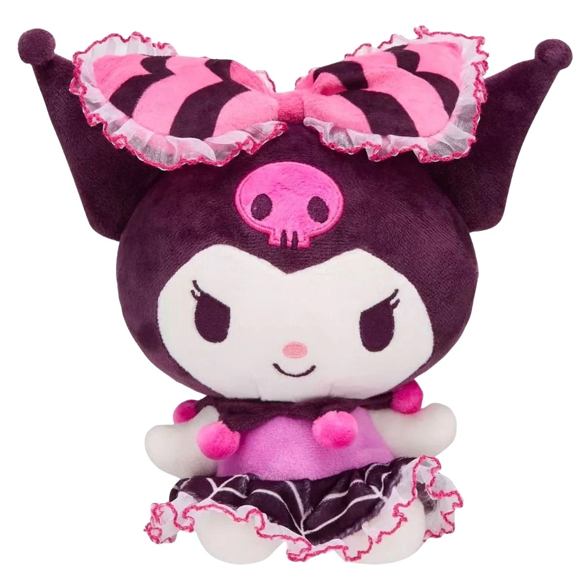 Sanrio Hello Kitty & Friends Kuromi 8-inch plush stuffed animal toy wearing a pink and purple spiderweb dress.