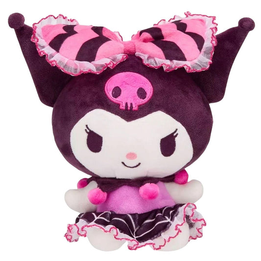 Sanrio Hello Kitty & Friends Kuromi 8-inch plush stuffed animal toy wearing a pink and purple spiderweb dress.