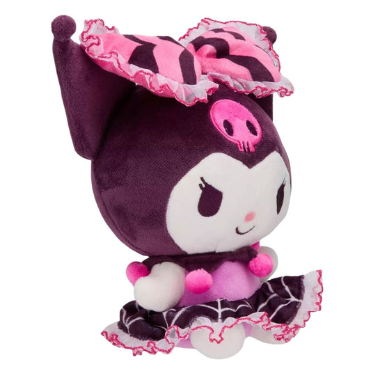 Side three-quarter view thumbnail of Kuromi 8-inch plush in spiderweb dress.