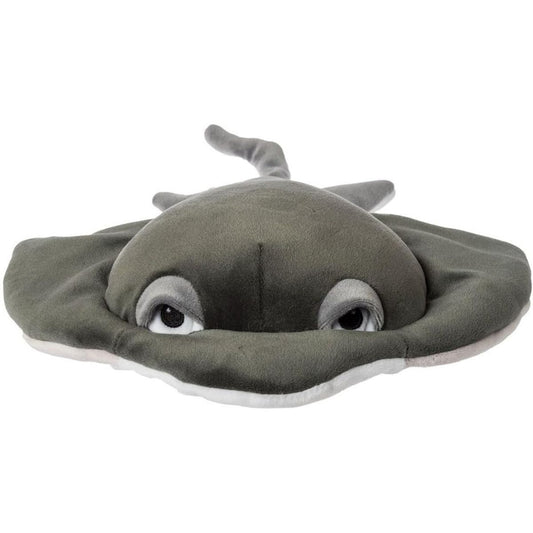 Side view of the flat, squishy Smootheez stingray plush showing velvety smooth sensory fabric
