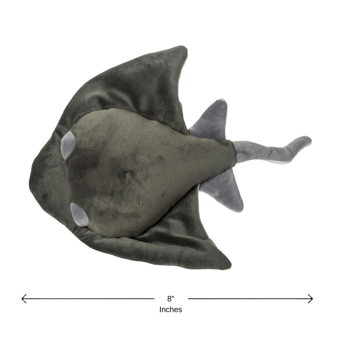 Top view of teal stingray plush with embroidered eyes and printed pattern detail.