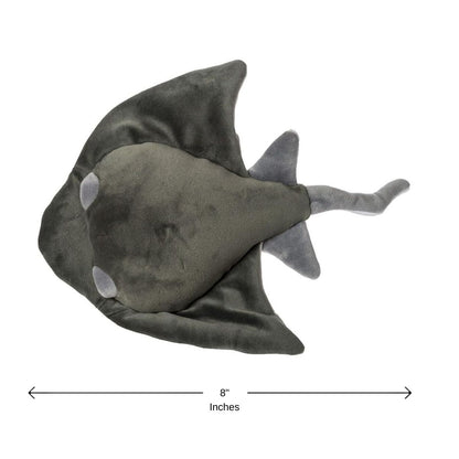 Top view of teal stingray plush with embroidered eyes and printed pattern detail.