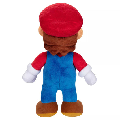 Back view of Super Mario stuffed animal plush showing red hat and blue overalls.
