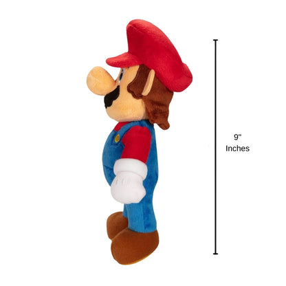 Super Mario stuffed animal plush with 9-inch height scale measurement graphic.