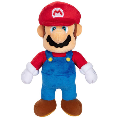 Front standing view of Super Mario 9-inch stuffed animal plush in blue overalls and red cap.