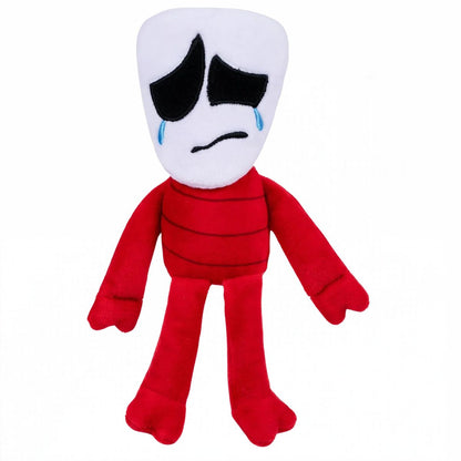Head-on front standing view of The Amazing Digital Circus Gangle plush figure showing sad mask and blue embroidered tears.