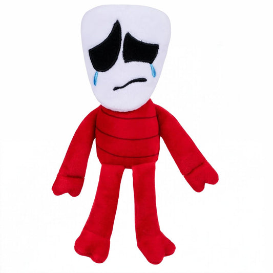 Head-on front standing view of The Amazing Digital Circus Gangle plush figure showing sad mask and blue embroidered tears.
