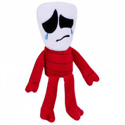 Front three-quarter view of The Amazing Digital Circus Deluxe Gangle 8-inch plush figure with white tragedy mask and coiled red ribbon body.