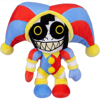 Head-on front standing view of The Amazing Digital Circus Possessed Pomni plush figure in red and blue jester suit.