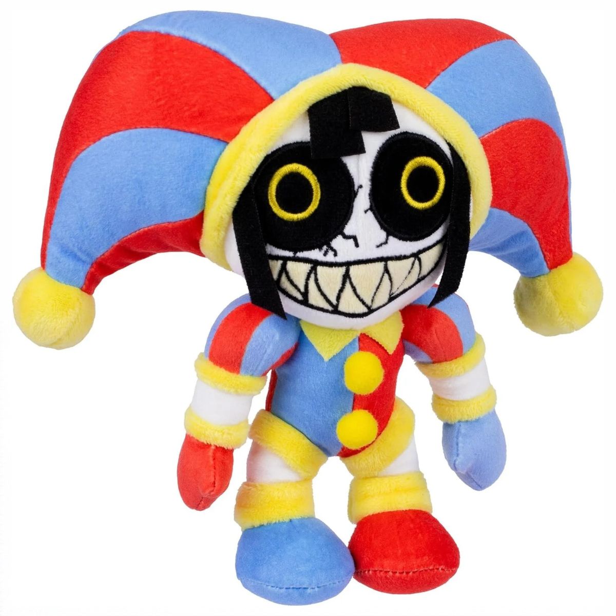 Front three-quarter view of The Amazing Digital Circus Deluxe Possessed Pomni 8-inch plush figure with yellow ring eyes and sharp grin.