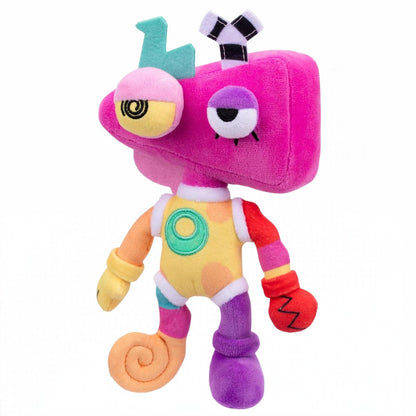 Front three-quarter view of The Amazing Digital Circus Deluxe Zooble 8-inch plush figure with pink head and mismatched limbs.
