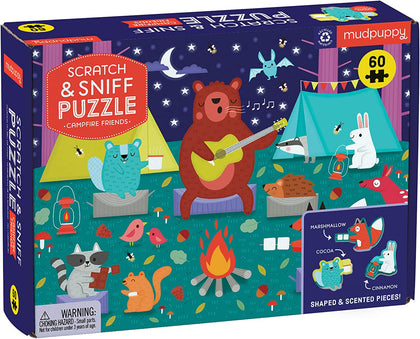 Mudpuppy Campfire Friends Scratch and Sniff Puzzle 60 Piece Jigsaw Puzzle with 6 Shaped Pieces, Ages 4+