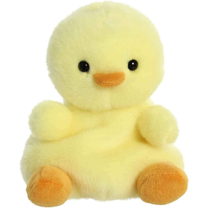 Straight-on front view of the soft yellow Palm Pals chick plush featuring an orange beak and little orange feet.