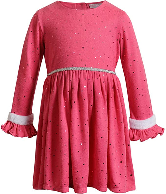 Youngland Girls' Long Sleeve All Over Foil Dot Dress with Faux Fur Trim, Fushia, 4T