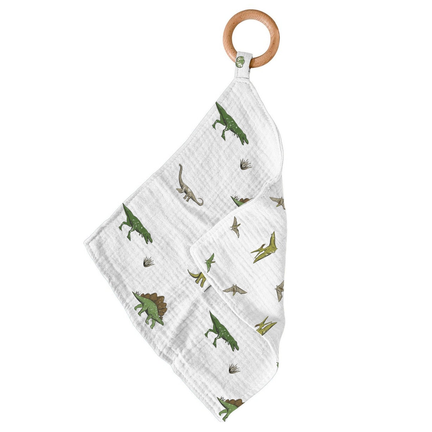 Newcastle Classics Dino Days dinosaur print cotton muslin blankie teether hanging from its smooth natural wood ring.