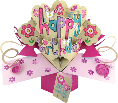 Second Nature Mailable Happy Birthday Pink Flowers Pop Up Greeting Card - POP086