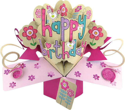 Second Nature Mailable Happy Birthday Pink Flowers Pop Up Greeting Card - POP086