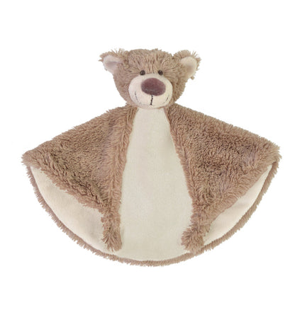 Happy Horse Bear Bella brown and cream plush security tuttle blanket with a rounded teddy bear head against a white background.