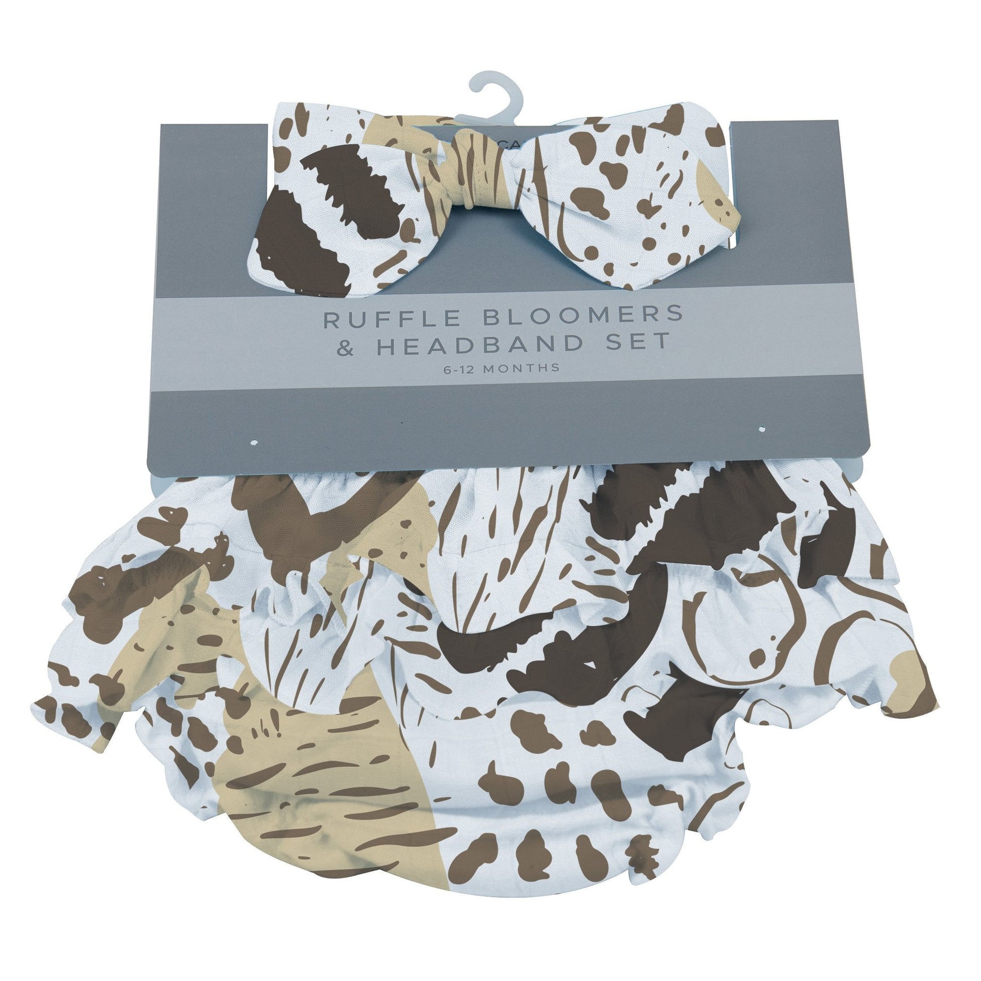 Newcastle Classics On The Savannah animal print ruffle bloomers and matching bow headband set on retail card packaging.