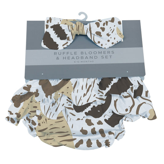 Newcastle Classics On The Savannah animal print ruffle bloomers and matching bow headband set on retail card packaging.