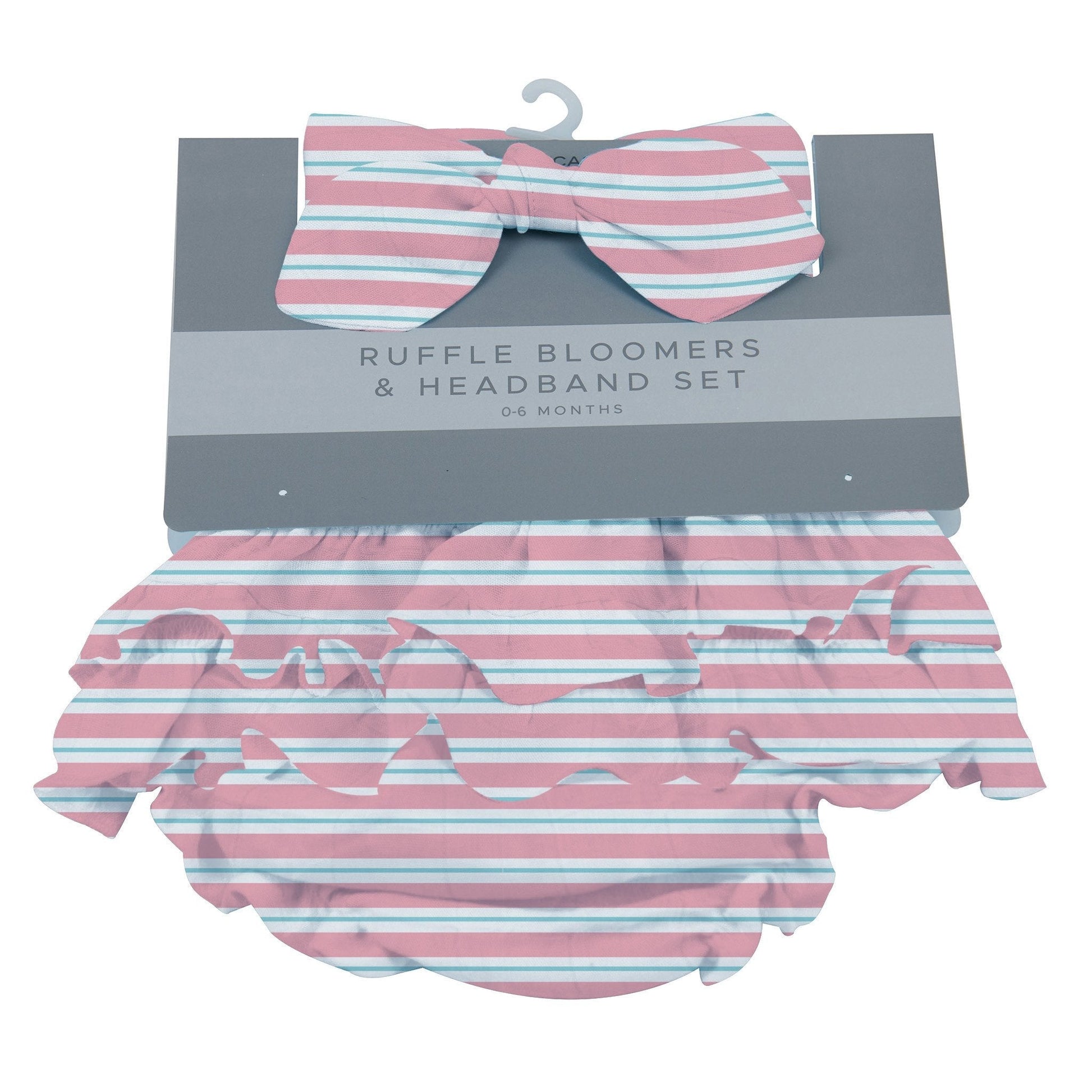 Newcastle Classics Candy Stripe ruffle bloomers and matching bow headband set on retail card packaging.