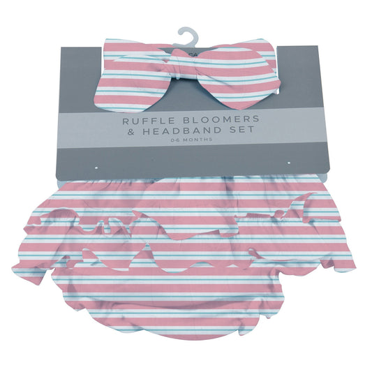 Newcastle Classics Candy Stripe ruffle bloomers and matching bow headband set on retail card packaging.