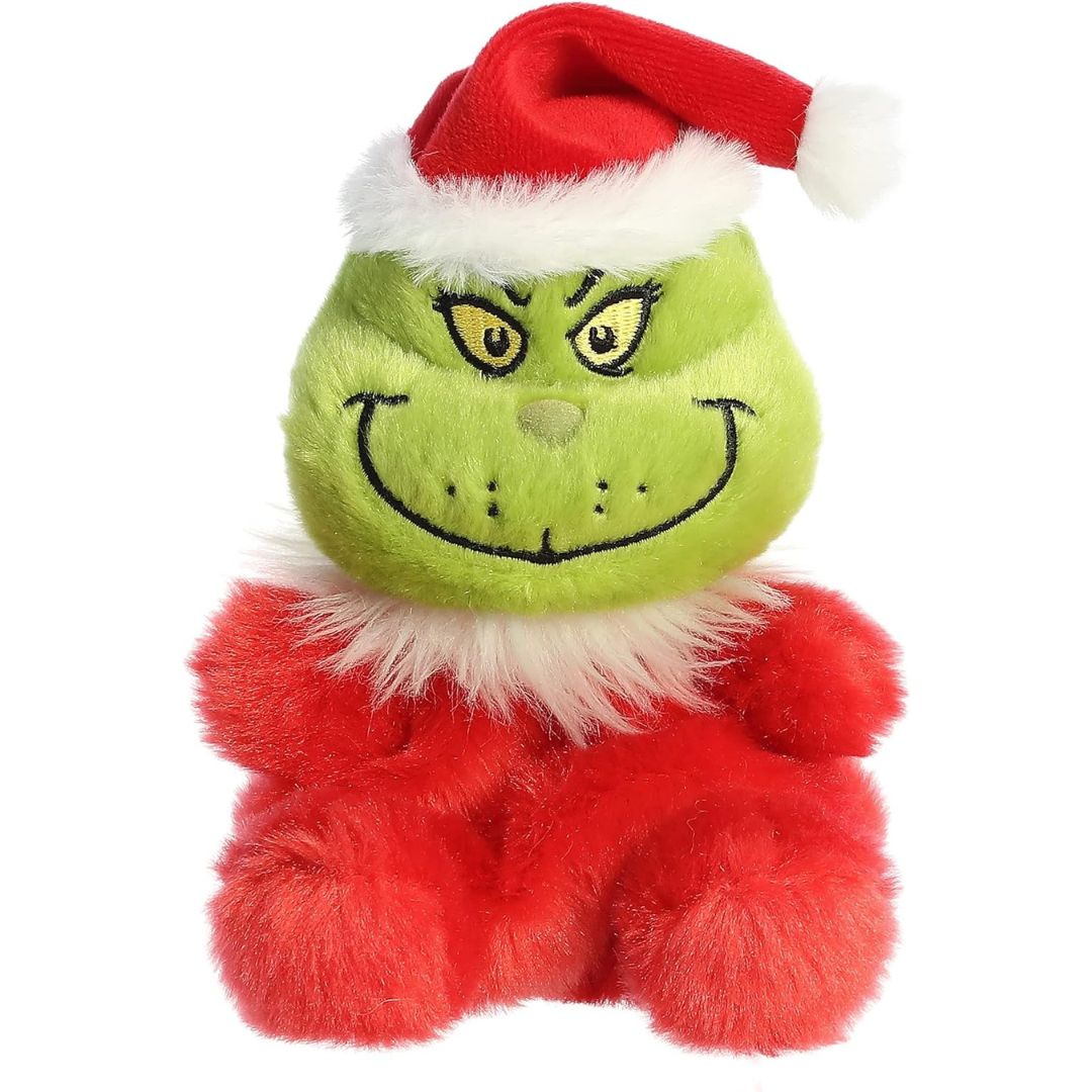 Front view thumbnail of the cute Santa Grinch plush sitting straight, highlighting his embroidered yellow eyes, devious stitched smirk, and cozy red plush body.