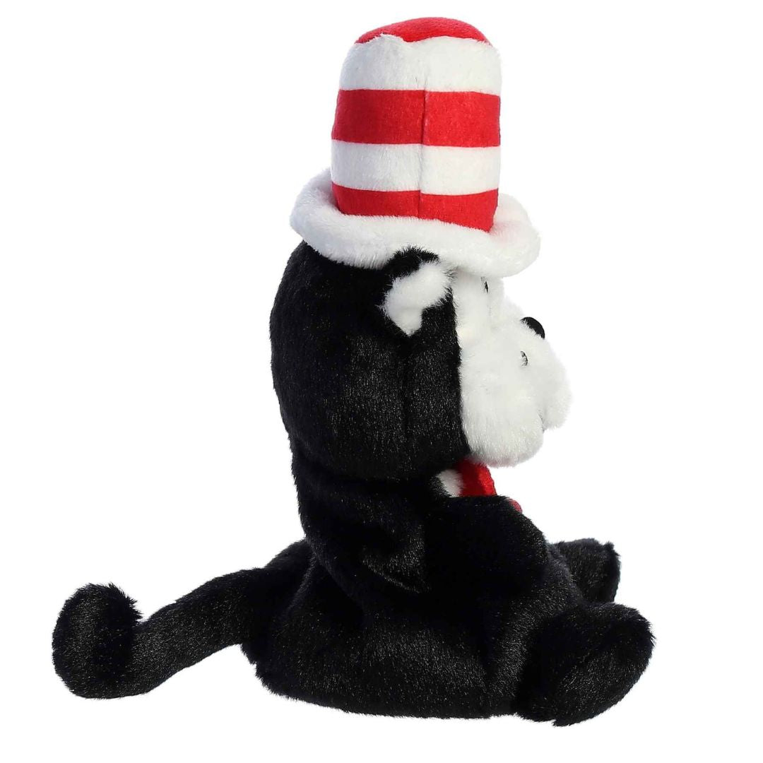 Side profile view thumbnail of the mini Cat in the Hat plush showcasing the side of his tall striped hat, black arm, and tail extending back.
