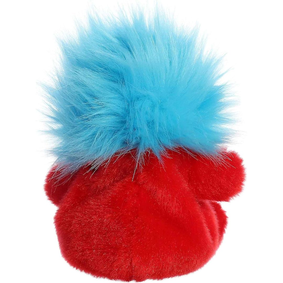 Rear view thumbnail of the Aurora Thing 1 stuffed toy displaying its smooth, solid red backing and full crown of fuzzy blue hair.