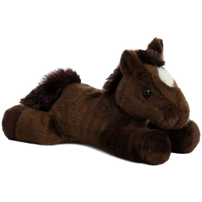 Side angle showing the unique floppy resting pose of the Aurora Chestnut Pony plush toy.