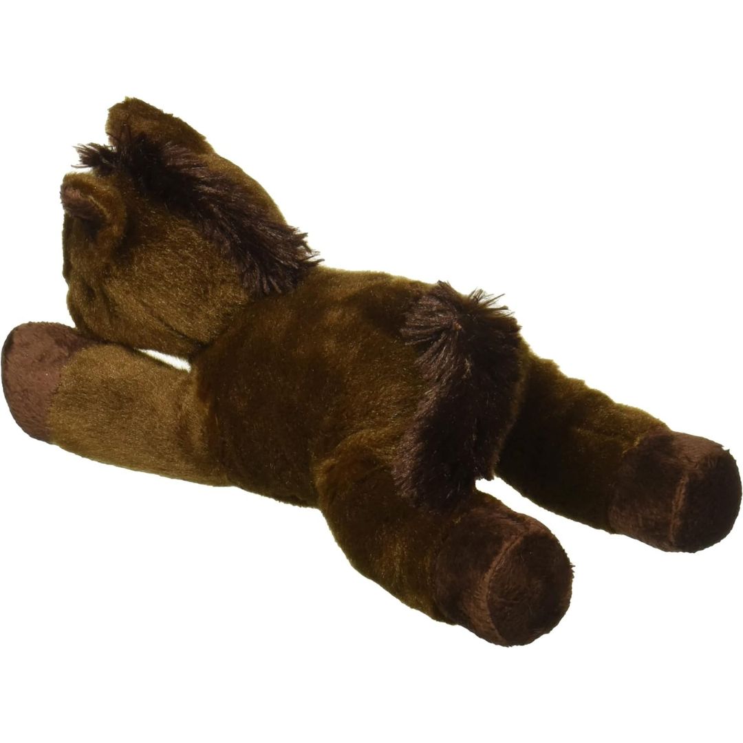 Back side showing the unique floppy resting pose of the Aurora Chestnut Pony plush toy.