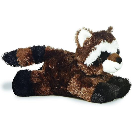 Angled front view of the 8-inch Aurora Mini Flopsie Ringo the Raccoon stuffed animal lying down with its striped tail visible.
