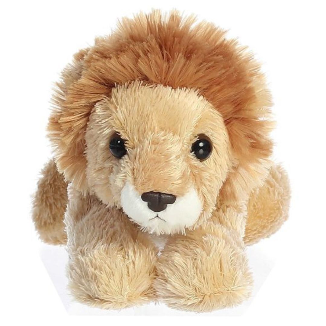 Straight-on front view of the lion cub stuffed animal highlighting its full reddish-brown mane, cream muzzle, and dark eyes.