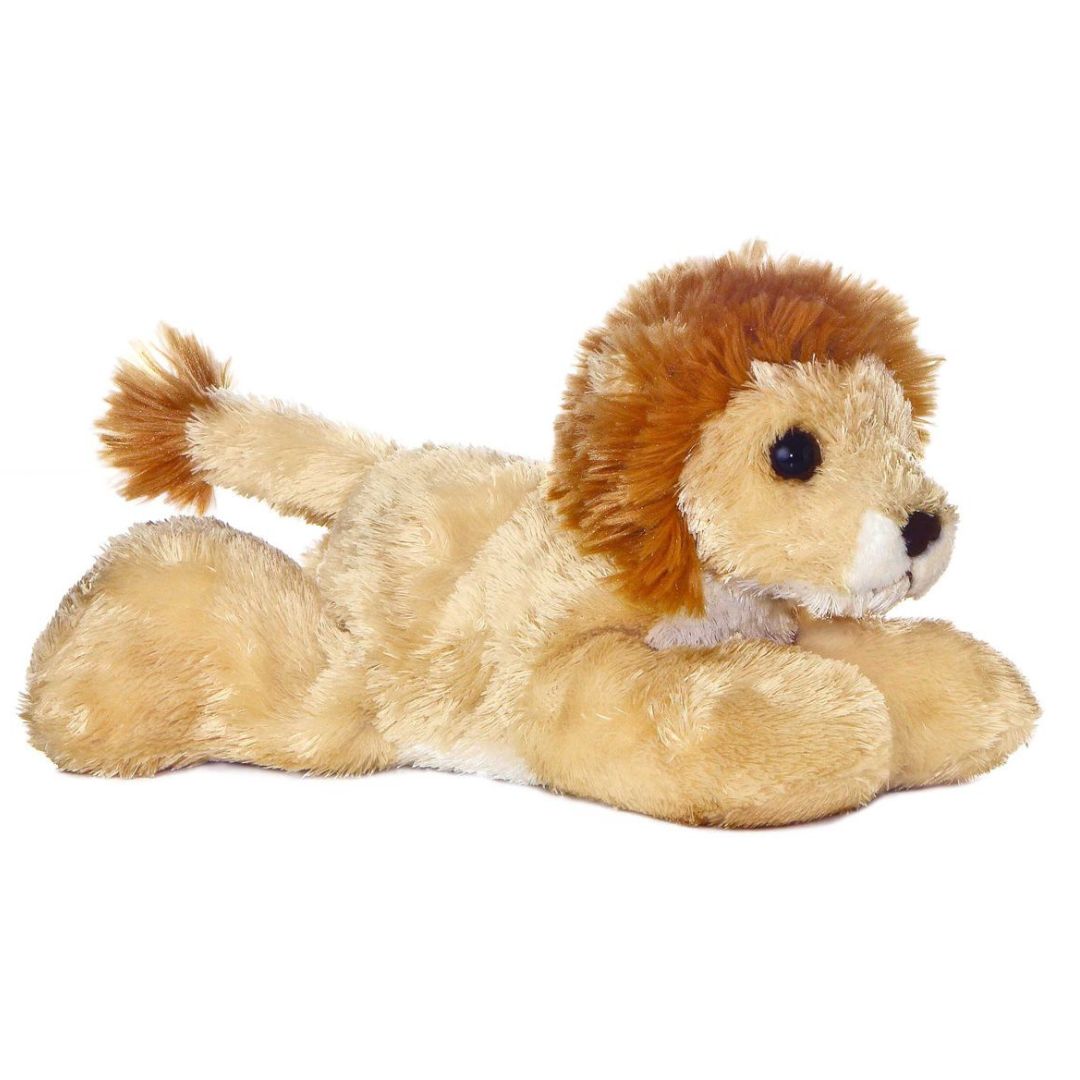 Angled side view of the Aurora Mini Flopsie Lionel Lion 8-inch plush resting on its belly, featuring golden fur and a fluffy brown mane.